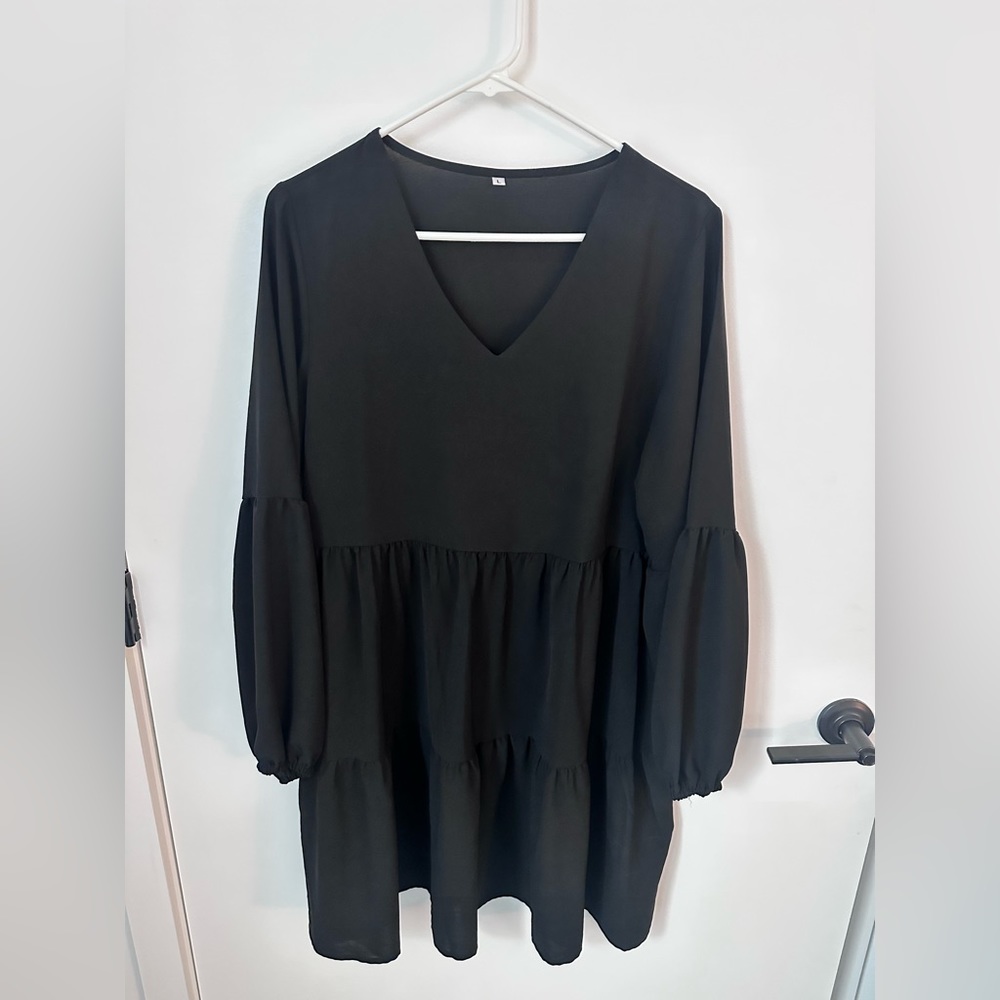 V Neck Longsleeve Tunic Dress - Black